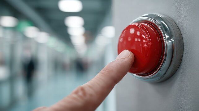 Close-up of a finger pressing a large red emergency stop button in a modern facility