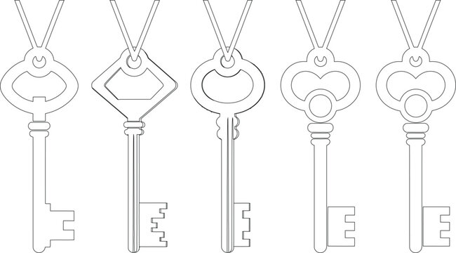 Collection of vintage style skeleton keys hanging from loops in a simple line art illustration