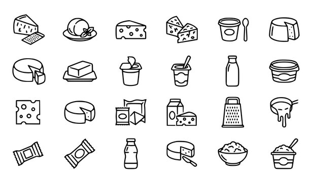 Dairy products icon set cheese yogurt milk and cream line art