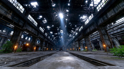 Naklejka premium Verlassene Industriehalle mit Lichtstrahlen durch Dachöffnungen von oben