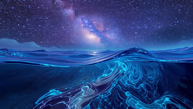 A surreal underwater view of glowing ocean currents beneath a starry night sky with the Milky Way visible.