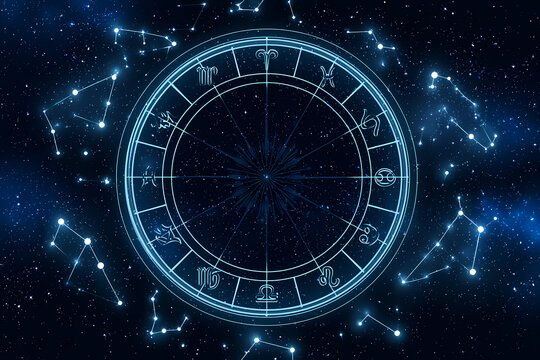 Kosmische Illustration Eines Astrologischen Horoskop-Rades Mit Sternzeichen-Symbolen Vor Einem Funkelnden Sternenhimmel