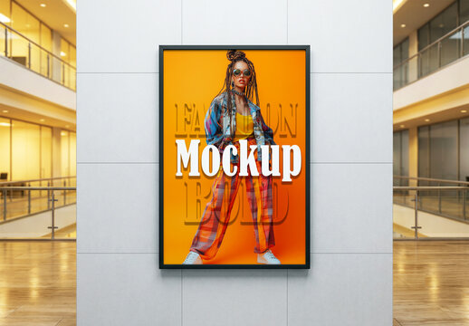 Vertical advertising poster mockup on modern shopping mall wall