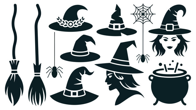 Collection of witch hats, brooms, spiderwebs, cauldron, and witch head silhouettes for Halloween