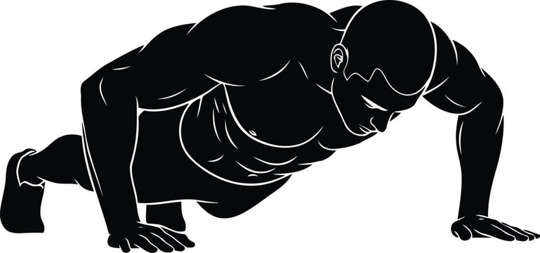 Black silhouette of athlete performing push up exercise, isolated fitness training concept on white background