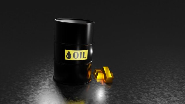 Oil Barrel and Gold Bars Cinematic Zoom 4K Horizontal