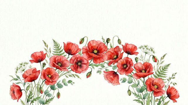 Watercolor Red Poppy Flower Garland Frame Arch Background Animation