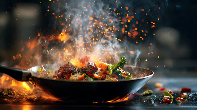 Food cooking in pan with flames and steam professional culinary preparation