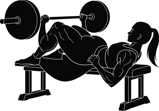 Silhouette of female athlete performing barbell hip thrust on bench for glute and strength training