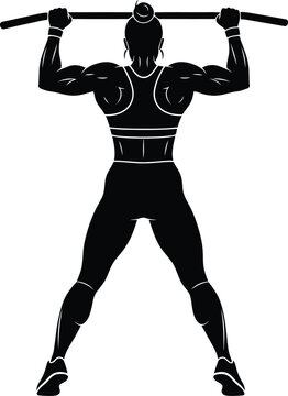 Black Silhouette of Muscular Athlete Doing Pull Up Exercise on Bar, Back View