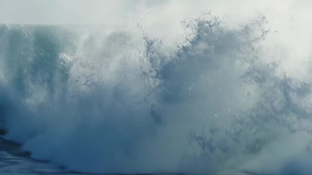 Close-up view of a massive turquoise ocean wave breaking with intense white sea spray and mist under an overcast sky, showing the powerful motion and texture of rolling water.