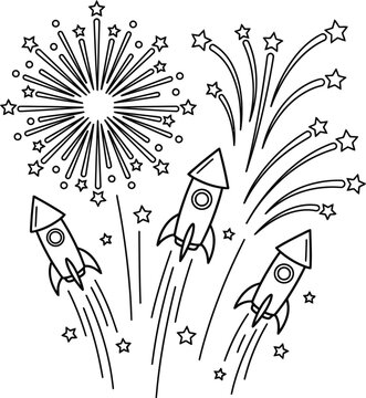 Black and white coloring page featuring three space rockets and bright fireworks.