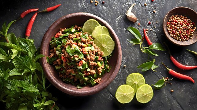 Spicy thai minced pork salad larb served in a rustic clay bowl with fresh lime slices chili peppers and aromatic herbs on a dark textured stone surface for culinary presentation