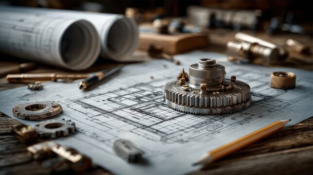 Detailed engineering blueprint with mechanical parts and drafting tools on a wooden table