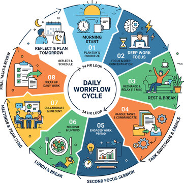 Daily workflow cycle circular infographic diagram showing 24 hour productivity routine wheel template for business management corporate presentation and coaching marketing