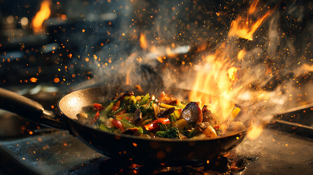 Vibrant vegetables sizzling and flaming in a hot pan with sparks flying