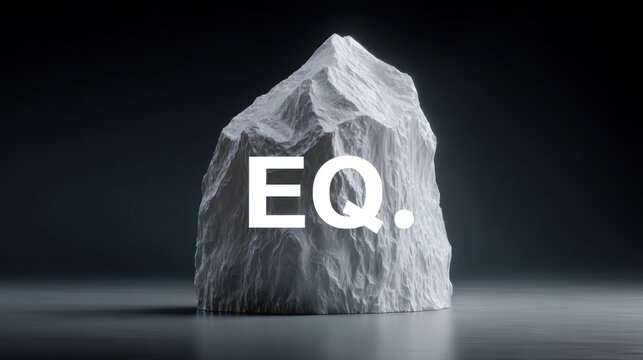 A large rough stone with the letters EQ and a dot superimposed on it
