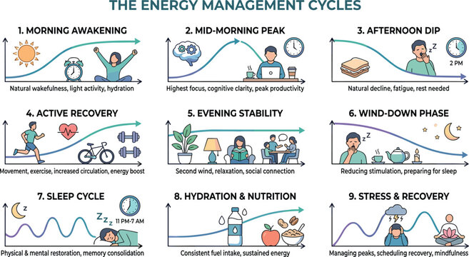 Energy management cycles infographic chart showcasing circadian rhythm and daily wellness habits for corporate productivity training presentation template