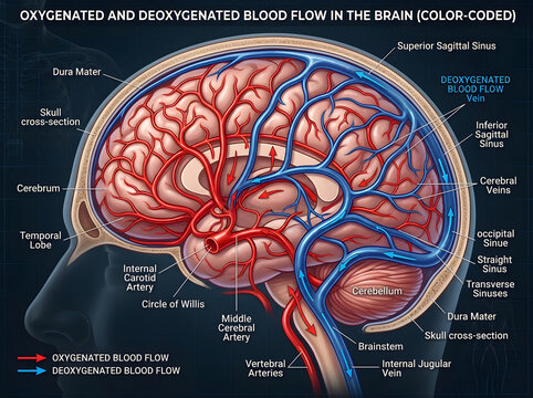 Color-coded brain blood flow diagram with oxygenated and deoxygenated vessels isolated on white background