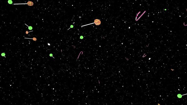 Abstract colorful particles and dust floating in dark space with glowing green orbs