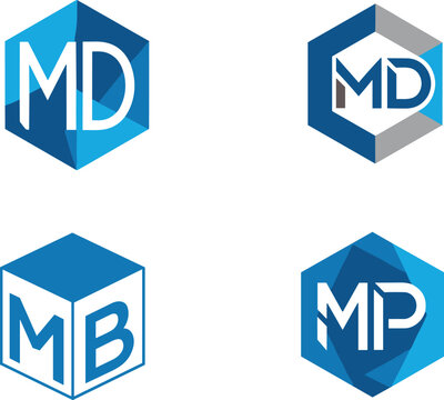 Geometric letter M monogram corporate logo template set with blue hexagonal shapes for technology business branding and modern company identity applications