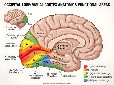 Human occipital lobe visual cortex anatomy diagram isolated on white background