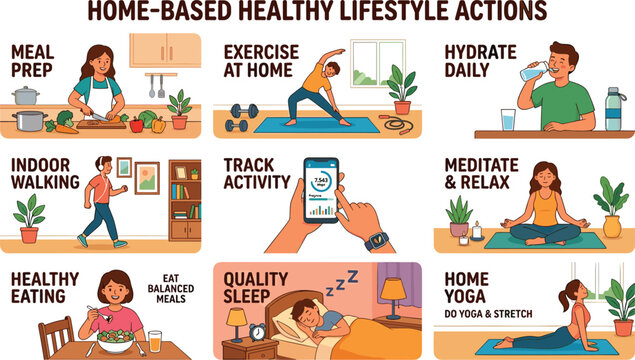 Home based healthy lifestyle actions infographic chart showcasing self care routines including meal prep exercise hydration meditation yoga and quality sleep presentation template