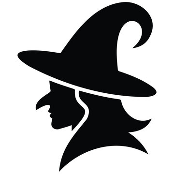 Witch with a pointed hat and hooked nose in profile vector silhouette illustration.