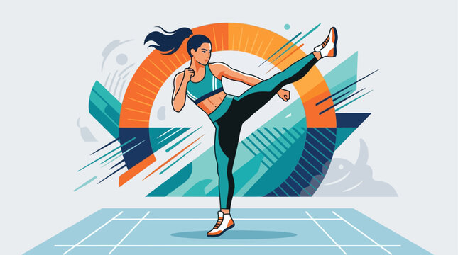 A vibrant flat design illustration of a female kickboxer performing a powerful high kick, embodying agility, strength, and empowerment. 