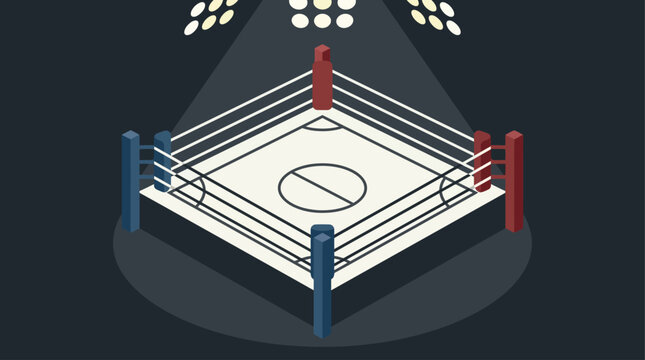 A minimalist flat design illustration of an empty boxing ring, symbolizing anticipation, competition, and the arena of combat sports. 
