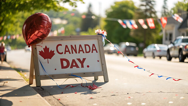 Canada Day sign on a festive street with balloons and bunting, cinematic shallow depth of field