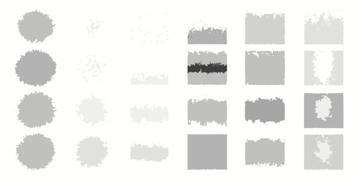 Distressed circle and square shapes grayscale silhouettes on white background