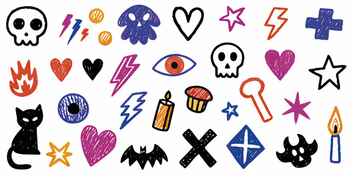 Sketchy hand drawn halloween elements on a white background