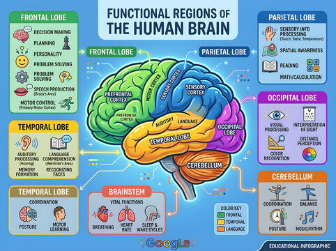 Human brain functional regions educational infographic isolated on white background