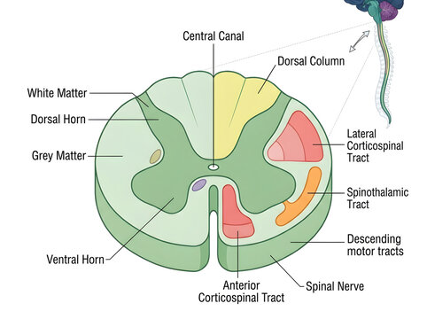 Human spinal cord cross section anatomy diagram isolated on white background