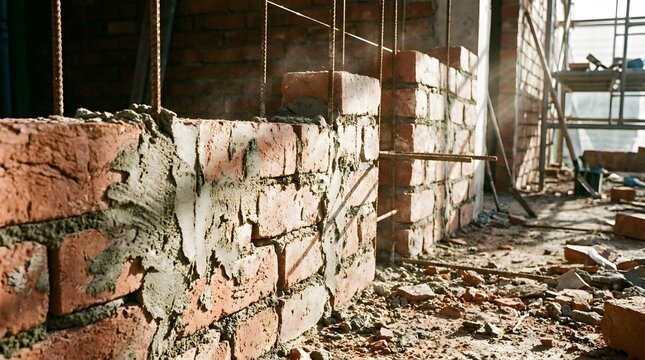 Industrial bricklaying process on construction site, red brick wall with wet cement mortar, masonry work in progress for building development