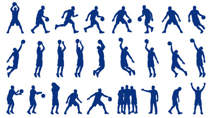 26 basketball player silhouette poses showing complete gameplay actions including dribbling, passing, shooting, dunking, defending, and celebration. Clean vector sports illustration set in minimalist  © Pandu