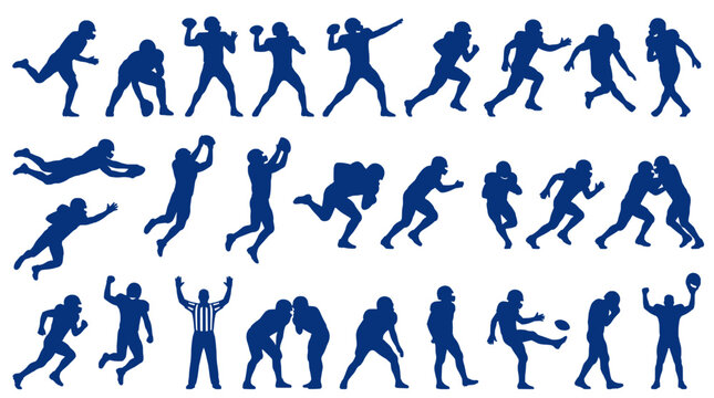 26 American football player silhouette poses showing complete gridiron actions including passing, running, tackling, catching, blocking, kicking, and celebration. Clean vector sports illustration set 