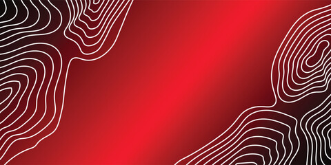 Abstract red gradient background with white topographic contour lines and copy space. Modern geographic map texture vector. © Adit
