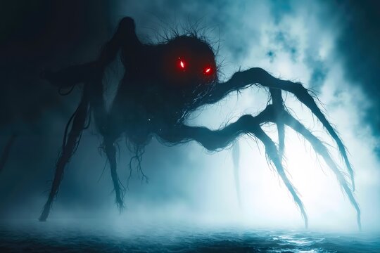 A giant spider with red eyes in the middle of the ocean