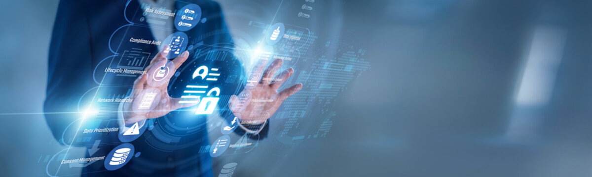 Privacy officer touching virtual screen with secure data icons for Data Privacy, protecting personal records, consent, policies, encryption, and responsible information handling online.