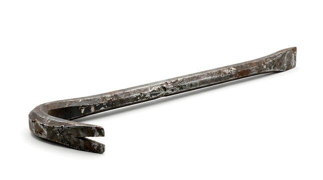 Vintage rusty crowbar isolated on white background, heavy iron pry bar for demolition, weathered steel wrecking bar for construction and renovation