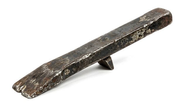 Vintage forged iron pry bar, antique blacksmith hand tool with rustic metal texture, weathered steel crowbar isolated on white background