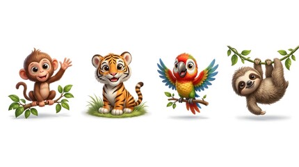Obraz premium Four cute 3D jungle baby animal mascots including monkey, tiger cub, parrot, and sloth isolated on white background.