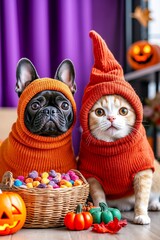 Fototapeta premium A dog and a cat wearing orange sweaters and hats next to a basket of candy