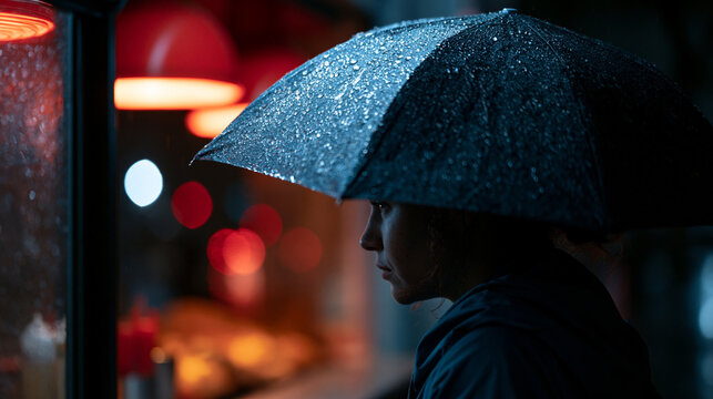 Junge Person mit Regenschirm steht im Regen vor verschwommenen Lichtreflexen bei Nacht