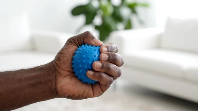 A close up of a black hand squeezing a blue spiky stress ball, hand therapy exercise