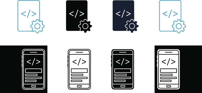 Mobile application development vector icon set with smartphone screens coding tags and gears for software programming and technology marketing design