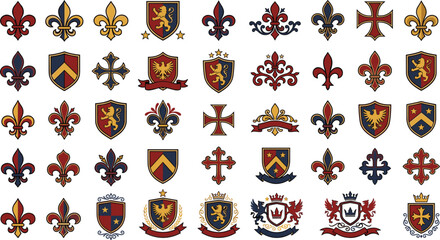 Medieval Heraldic Symbols Collection Featuring Fleur de Lis Shields Crosses Royal Crests and Vintage Emblems Vector © MdRissalat