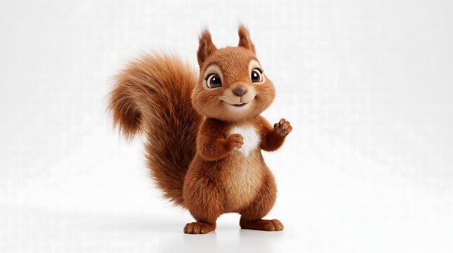 Cute 3D baby squirrel cartoon character with a fluffy bushy tail and joyful smile standing isolated on white background.